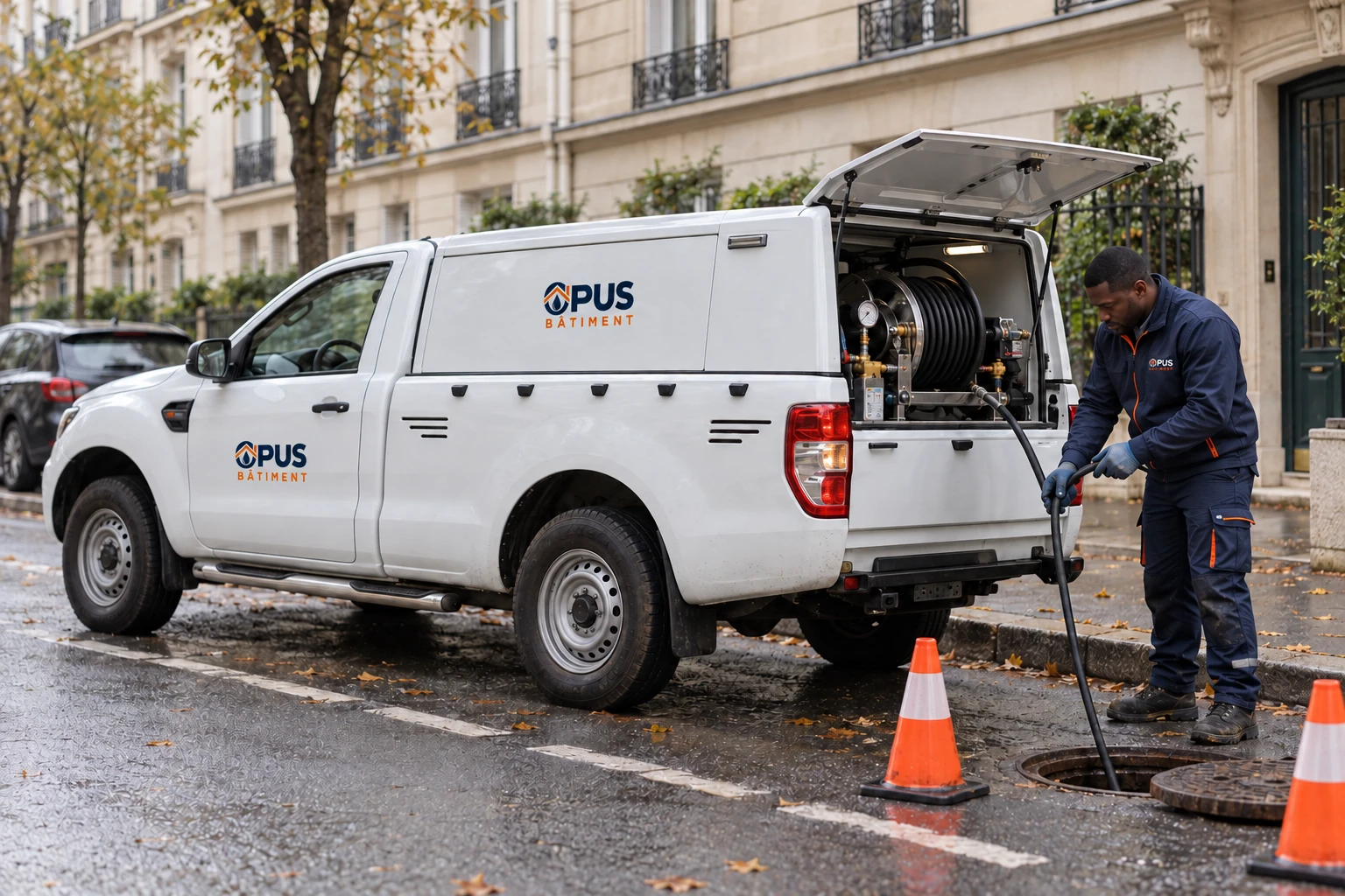 Illustration : technicien noir utilisant un camion hydrocureur dans une rue de Paris